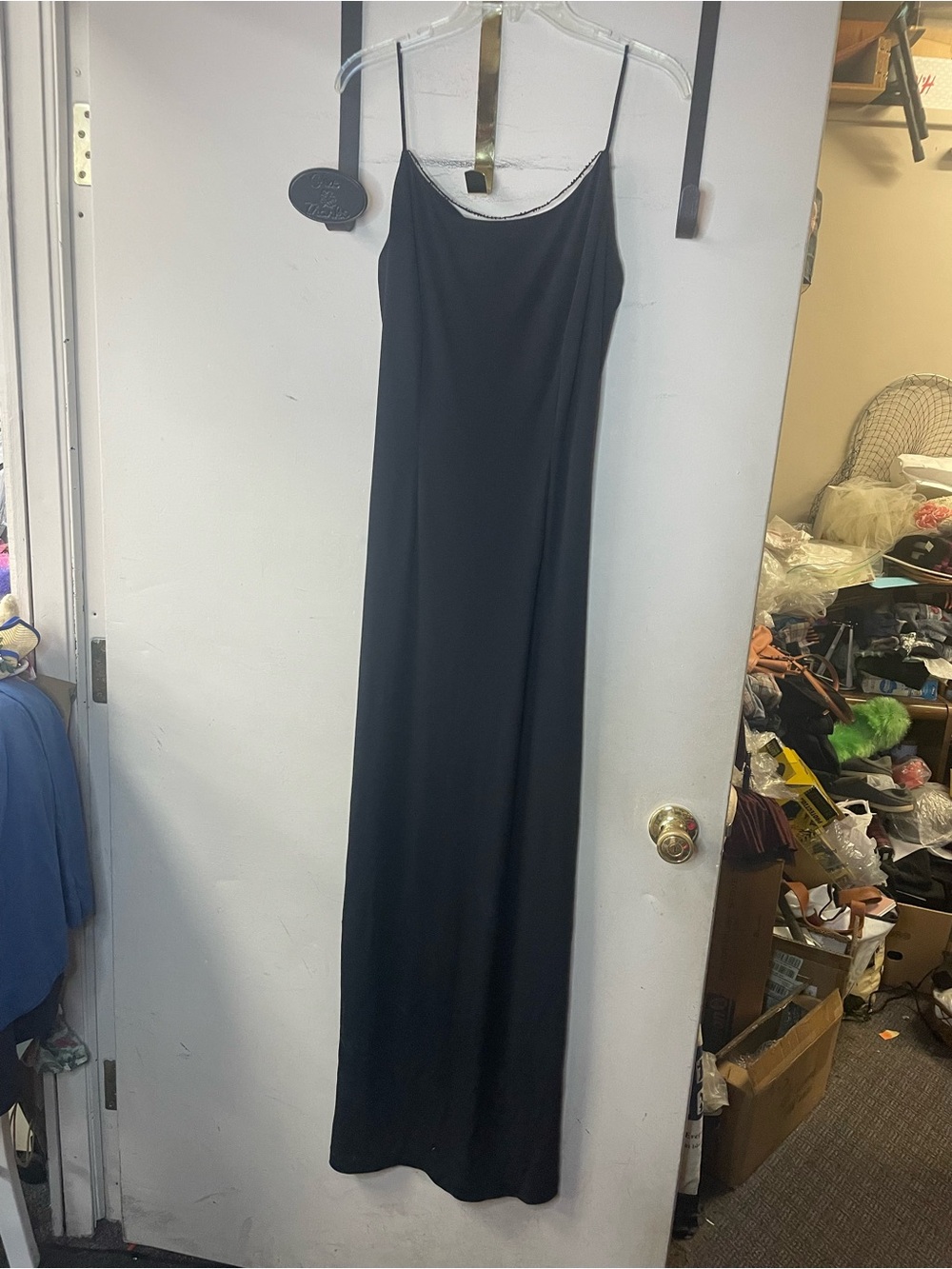 Adrianna Papell vintage Black Spaghetti Strap Maxi Dress with cascading beads